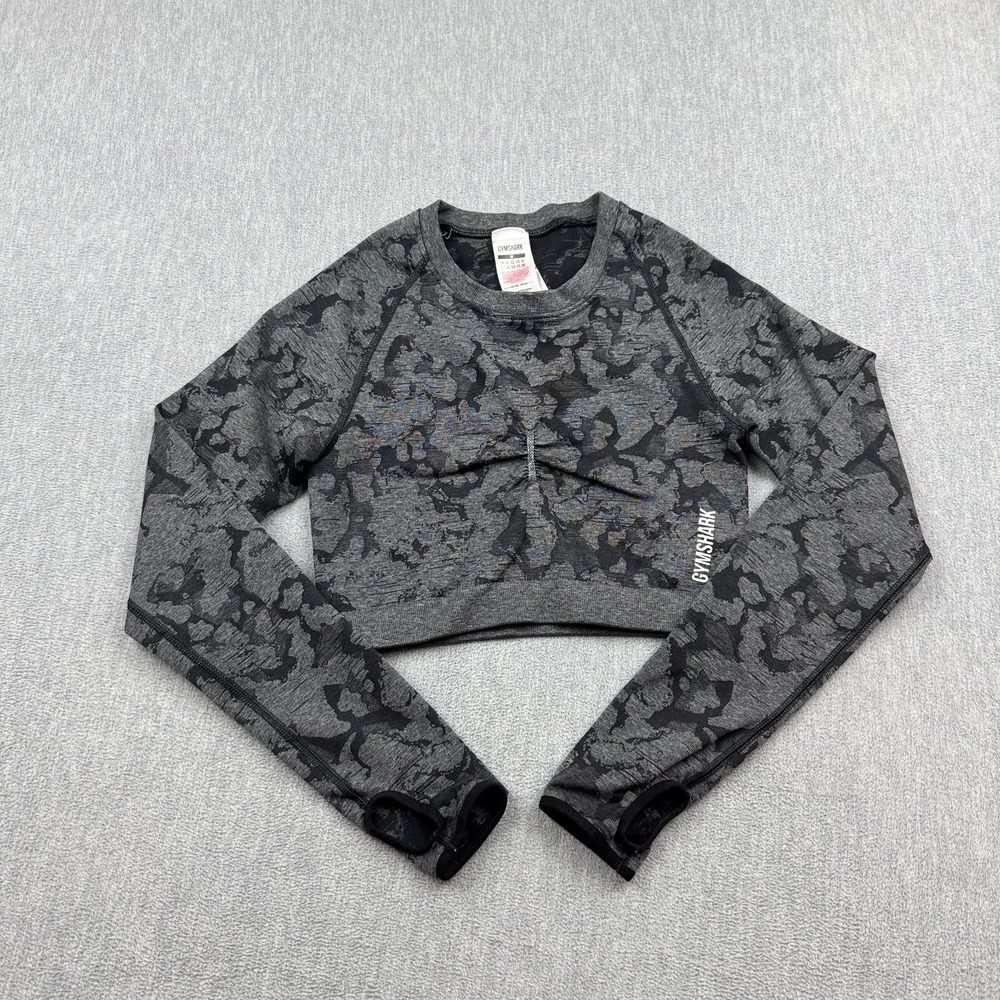 Gymshark Top Womens Medium Gray Camo Adapt Seamless Long Sleeve Crop Gym Yoga